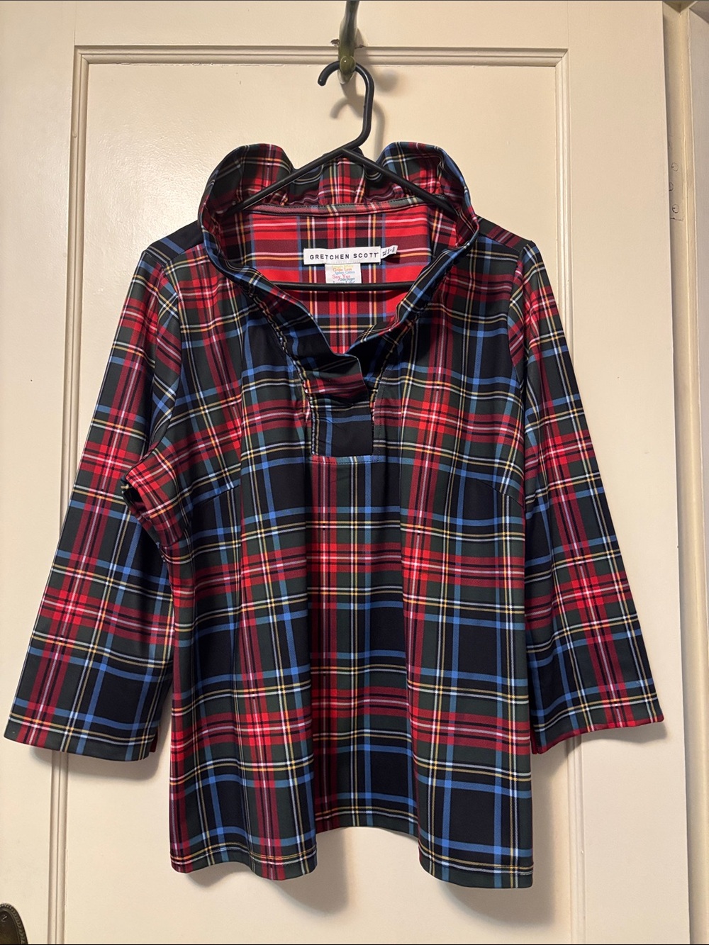 Gretchen Scott Designs Women’s XL Red & Blue Plaid Ruffled Top